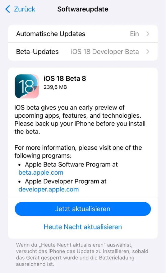 定安苹果手机维修分享苹果 iOS / iPadOS 18 开发者预览版 Beta 8 发布 